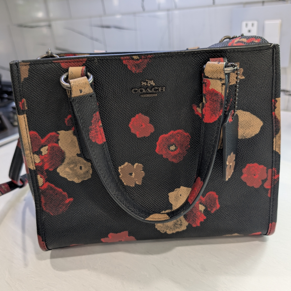Coach Black Floral Satchel with Red and Tan Flowers